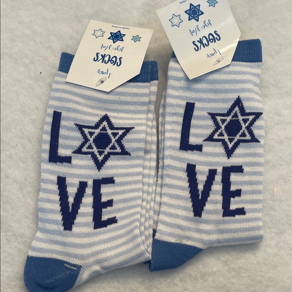 Blue and White Socks with Hanukkah Love Star Design nwt